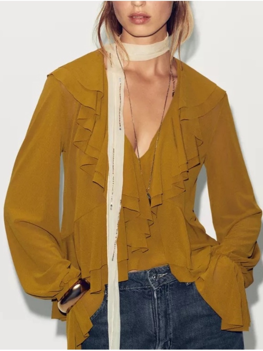 Zara Mustard Olive Ruffle V-Neck Blouse Bell Sleeve Boho S NWT